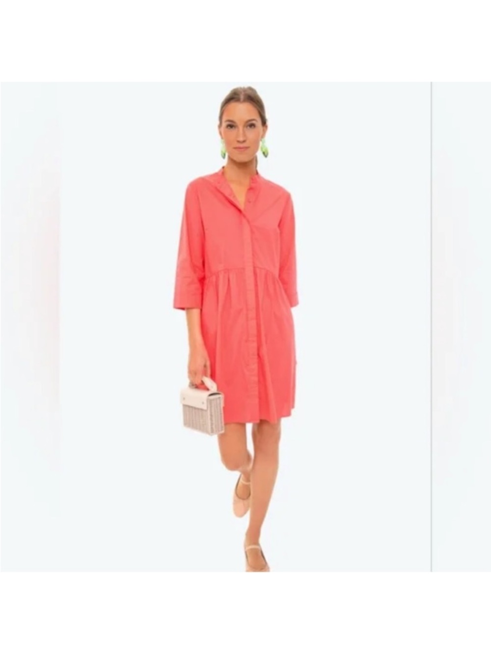 Tuckernuck Poppy Pink Royal Shirt Dress Size S Cotton Button Front 3/4 Sleeve